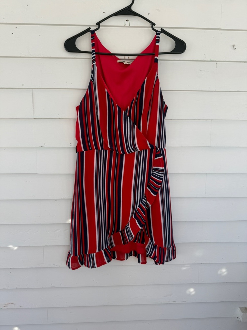 Striped Red Wrap Dress with Ruffle Hem